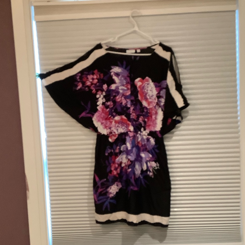New York & Company Black Dress with Purple and Pink Floral Design